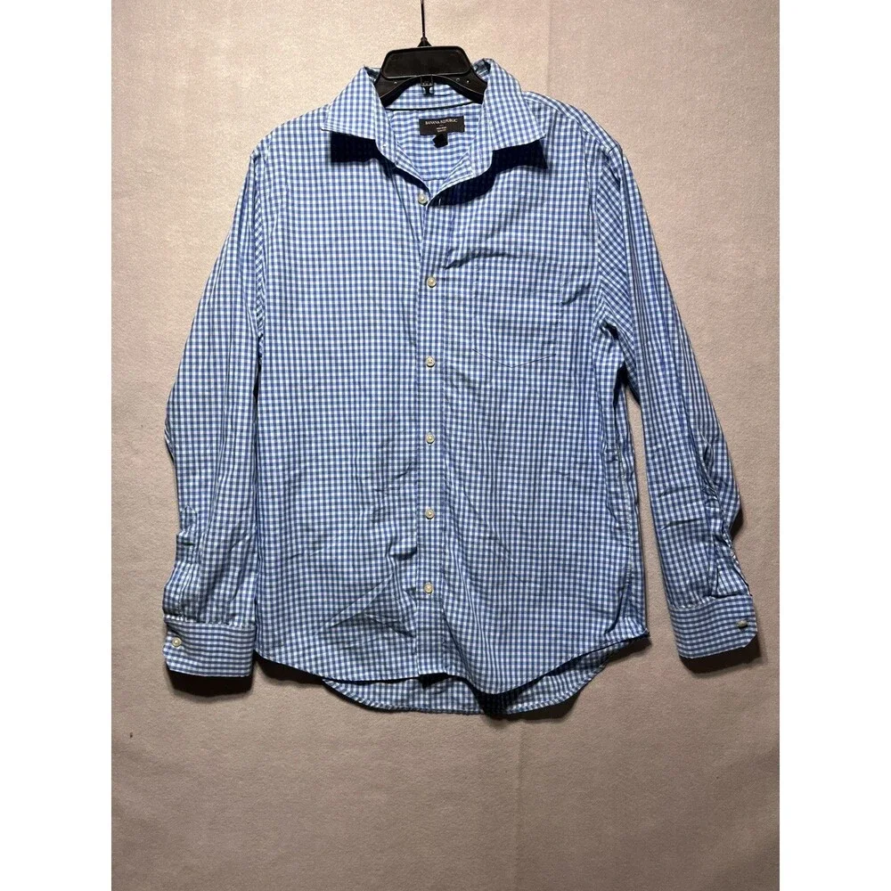 Banana Republic Shirt Mens L 16-16.5 34-35 Slim Fit Non Iron Blue Gingham Check